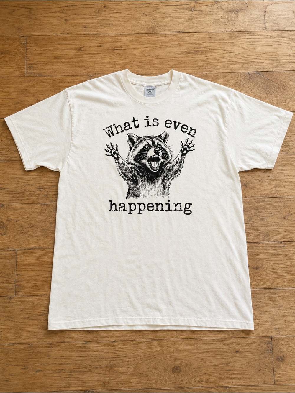 Men’s White Graphic Tee – "What is even happening" Raccoon Print T-shirt